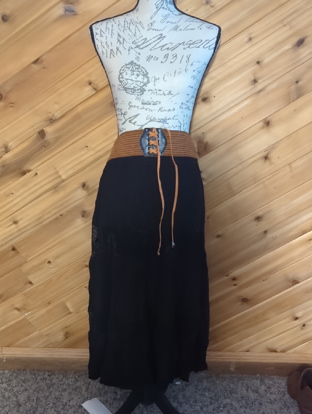 The Pyramid Collection Black Maxi Skirt with Tan Lace-Up Waistband